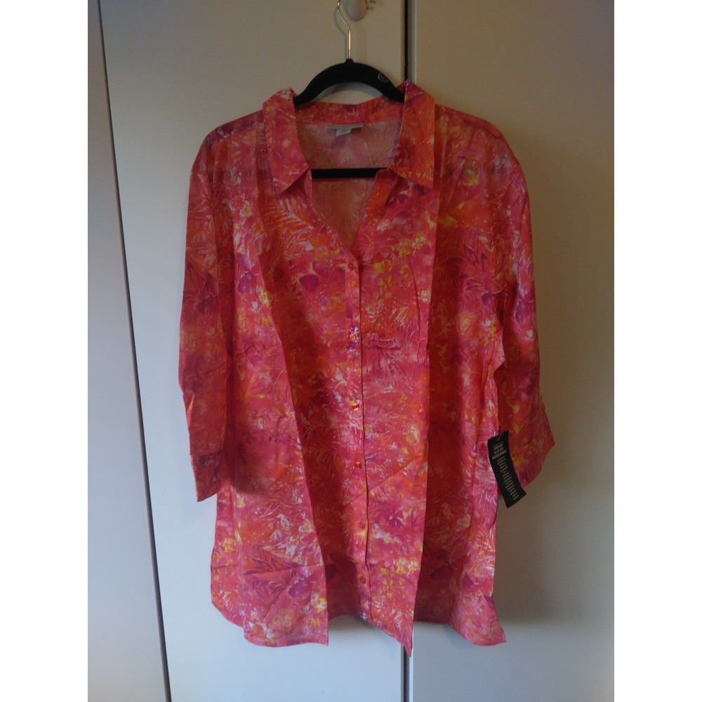 Catherines Women's Abstract Print Tunic Shirt Size 3x Button Front Semi Sheer